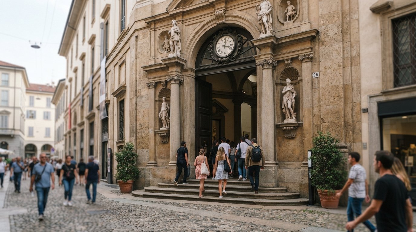 a fachada e entrada da Pinacoteca di Brera na Via Brera 28, com visitantes entrando sob luz suave do dia