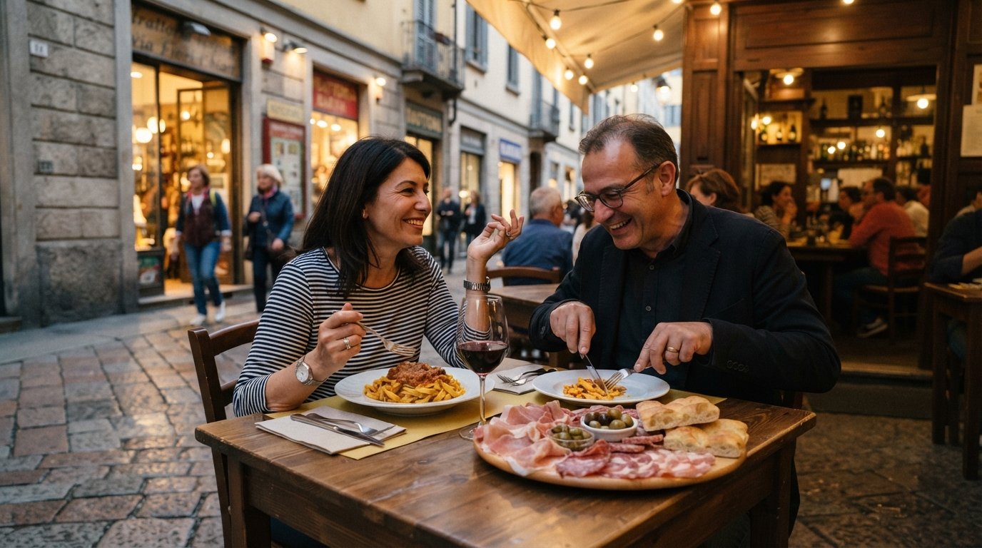 uma mesa iluminada e quente na Trattoria Torre di Pisa na Via Fiori Chiari 21, com massa cortada à mão, enchidos e detalhes da fachada dos anos 1960 à vista