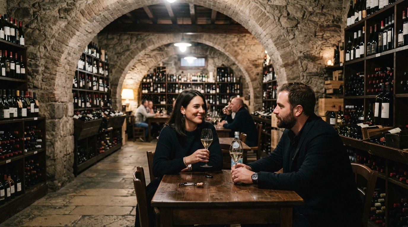 o interior da adega abobadada do N’Ombra de Vin na Via San Marco 2, com filas de garrafas de vinho, arcos de pedra e um copo de Franciacorta na mesa