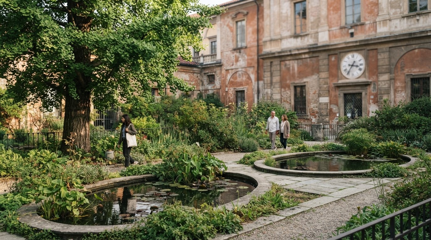 o Orto Botanico di Brera com os seus dois lagos elípticos e antigos ginkgos, visto sob a luz suave da manhã atrás dos muros do museu