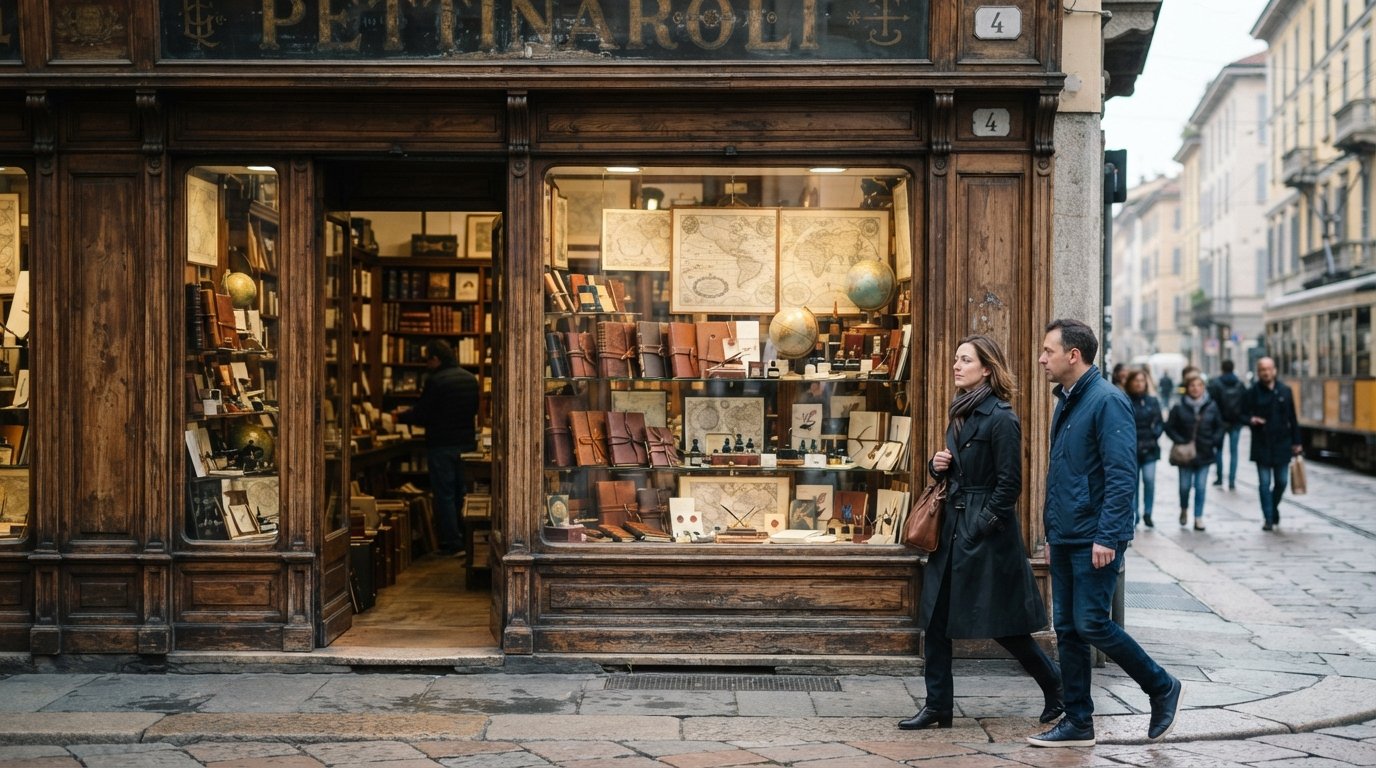 a fachada histórica da Pettinaroli na Via Brera 4, com cadernos de couro, tintas e mapas antigos expostos na vitrine