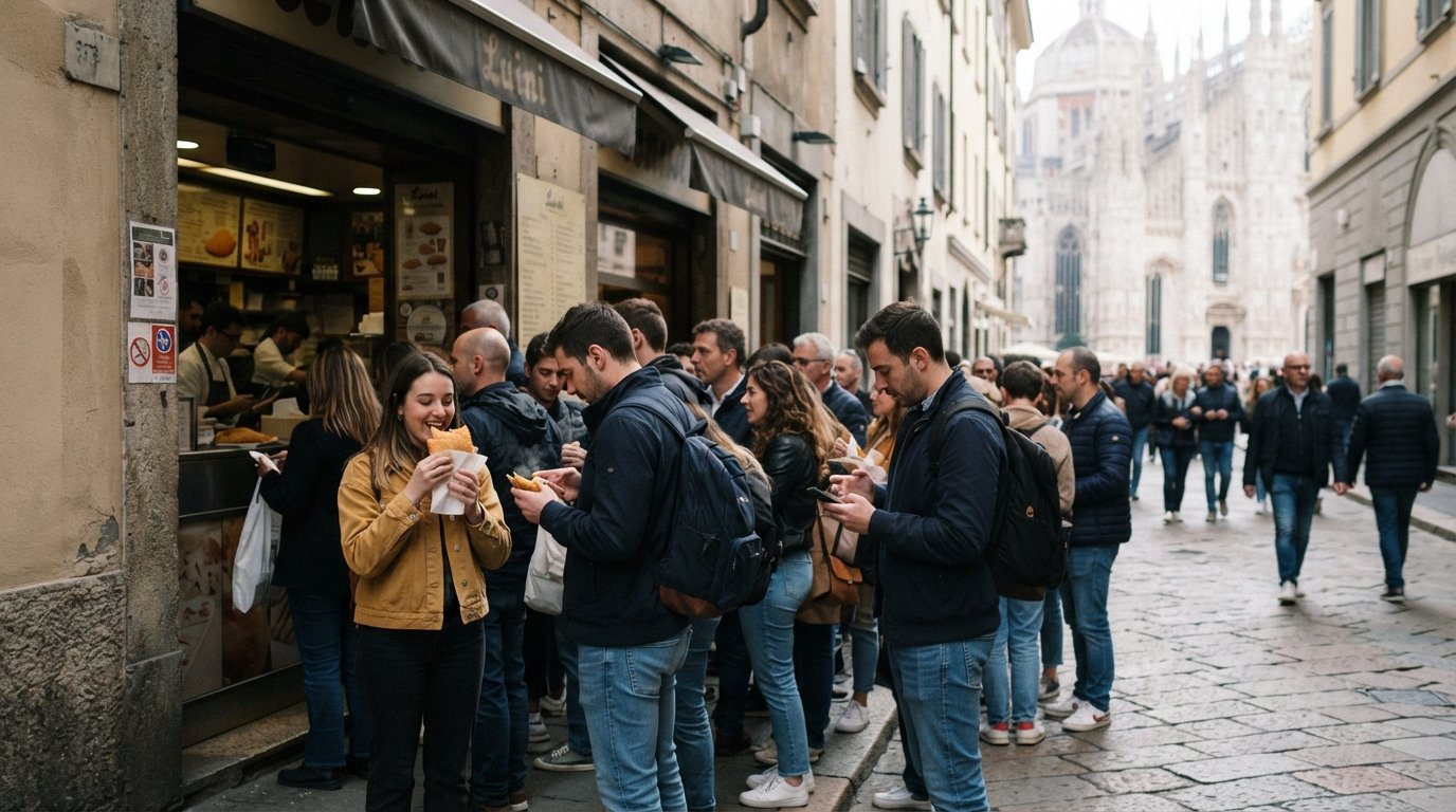 Luini on Via Santa Radegonda, a lunchtime queue outside the panzerotti stand with customers holding hot fried pockets on the pavement