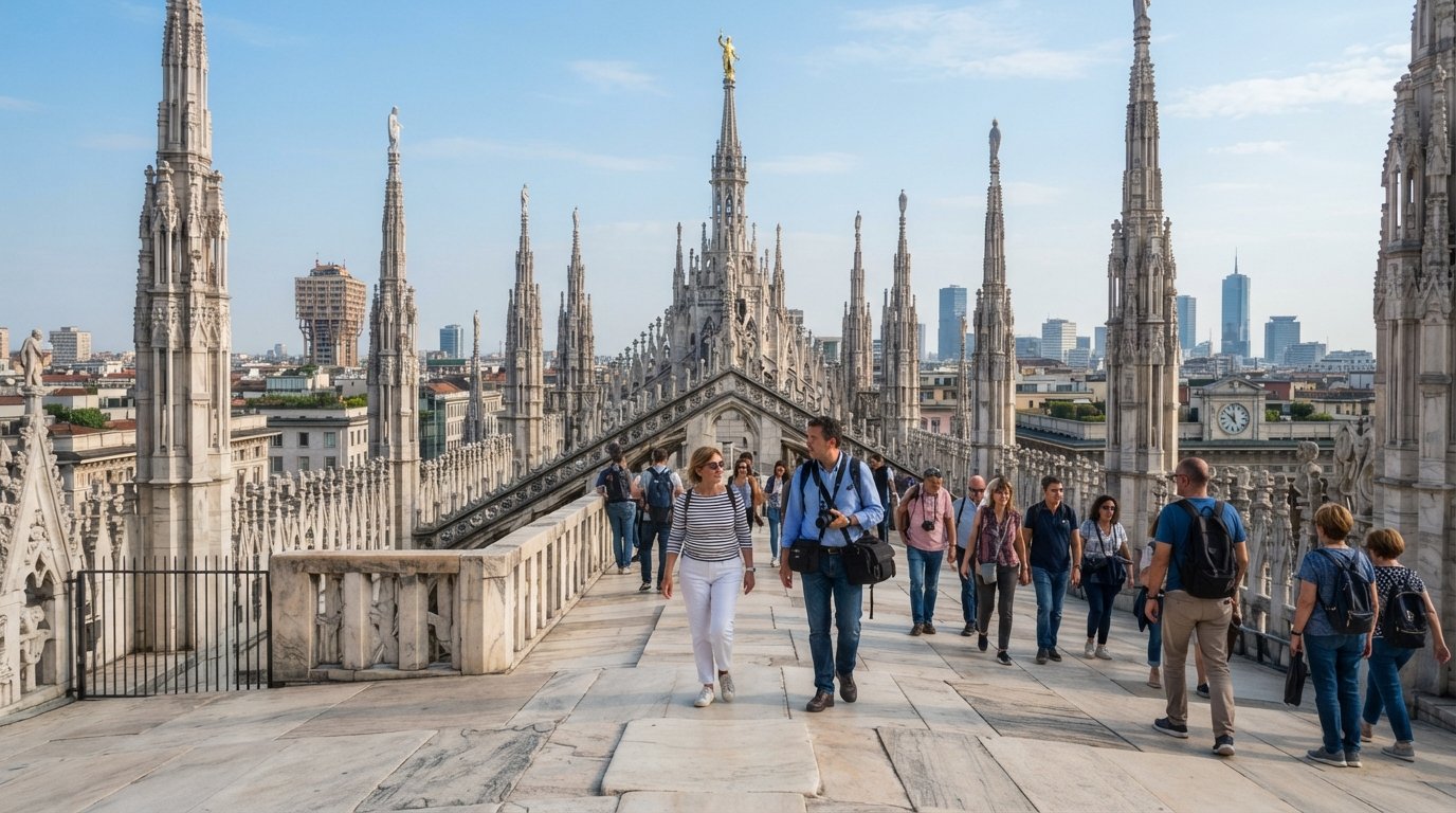 visitors walking among the marble spires on the Duomo rooftop terraces, the cathedral roofline and Milan skyline in crisp morning light