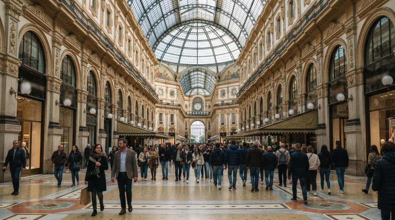 luxury storefronts inside the Galleria Vittorio Emanuele II, the iron-and-glass arcade curving under the central dome with shoppers passing beneath