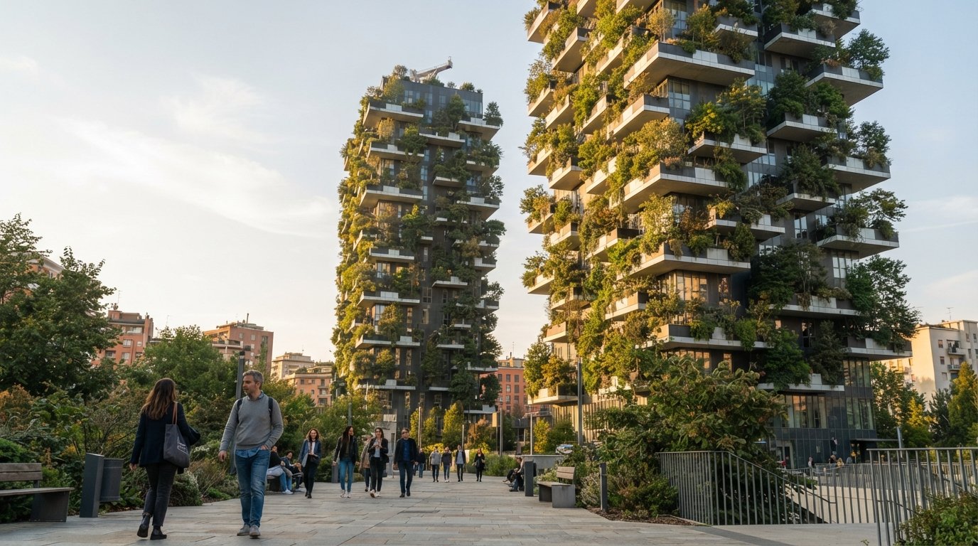 Bosco Verticale-tornen i Milano sedda från basen i gyllene timmen, balkonger täckta med träd och buskar mot en blek himmel