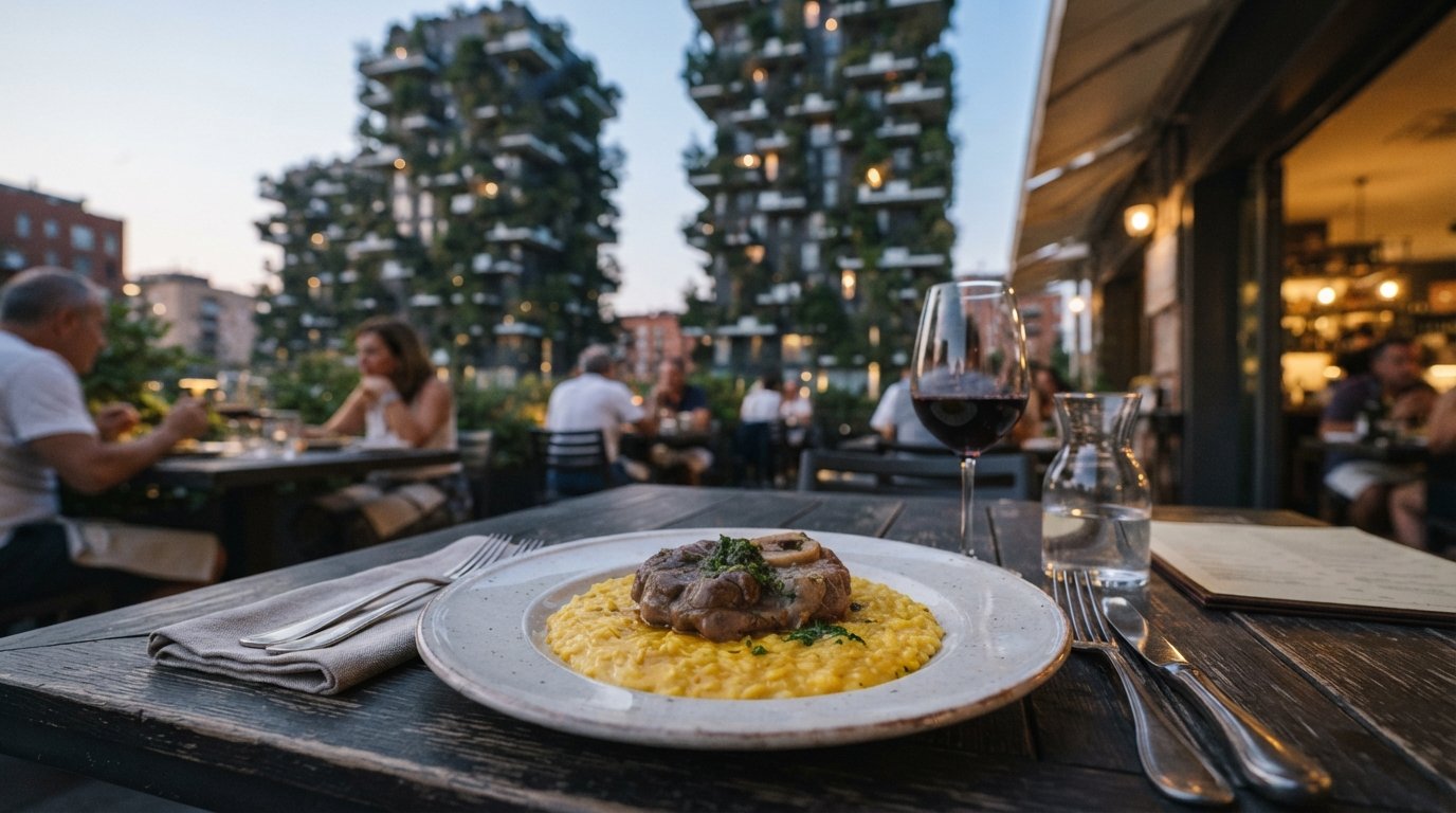 en upplagd risotto alla milanese med ossobuco på Ratanà, serverad på ett terrassbord med utsikt över Bosco Verticale i mjukt kvällsljus