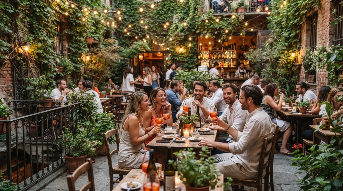Fridas murgrönshängda innergård i Isola, Milano, med växtfyllda bord, ljusslingor och människor som dricker aperitivo en varm kväll