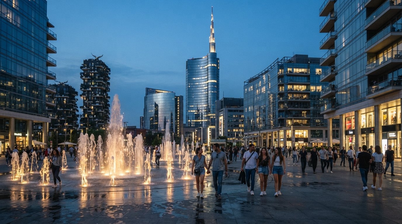 Piazza Gae Aulenti i skymningen i Milano, upplysta fontäner i förgrunden och UniCredit Tower reser sig bakom glasfrontade torn