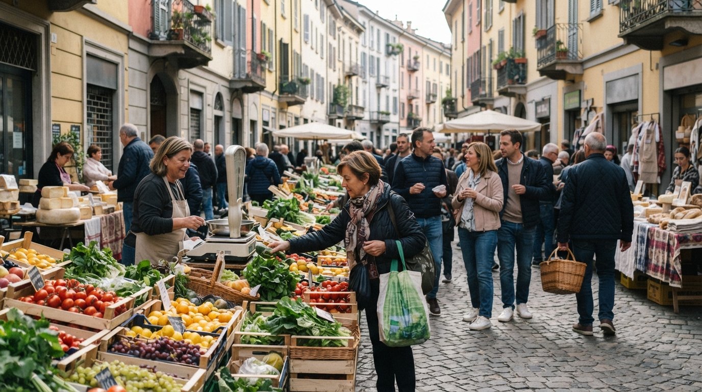 Isolas gatumarknad på Via Sebenico i Milano, produktstånd och lokala shoppare på en smal bostadsgata en lördagseftermiddag