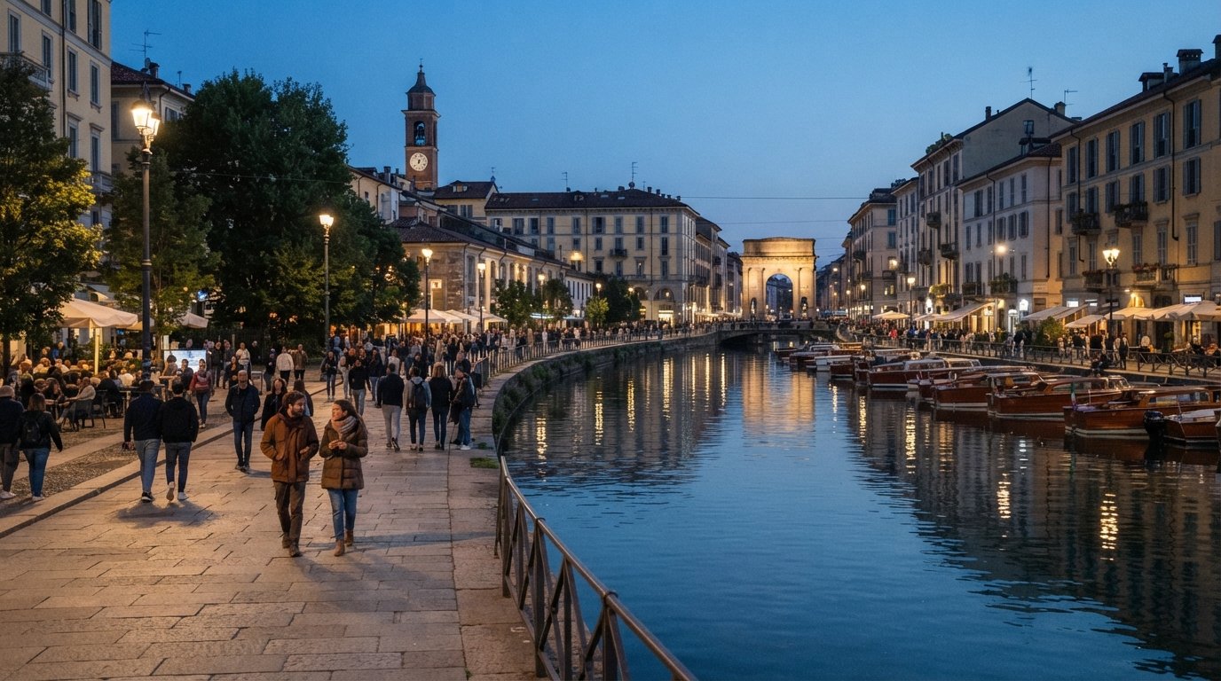 the Darsena promenade at dusk in Milan, with the restored basin water, people walking along the edge and reflections from canal-side lights