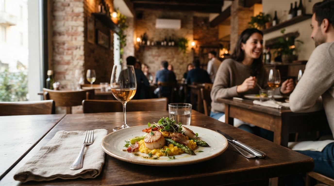 a plated tasting-menu dish at 28 Posti on Via Corsico, fine-dining Mediterranean cooking on a small table in a warm, intimate dining room