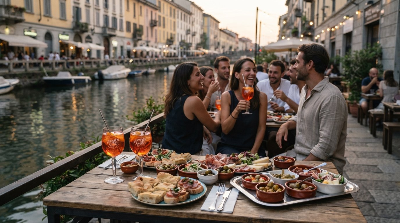 a canal-front aperitivo table at Spritz Navigli on Ripa di Porta Ticinese, spritz glasses beside a long buffet spread in the evening light