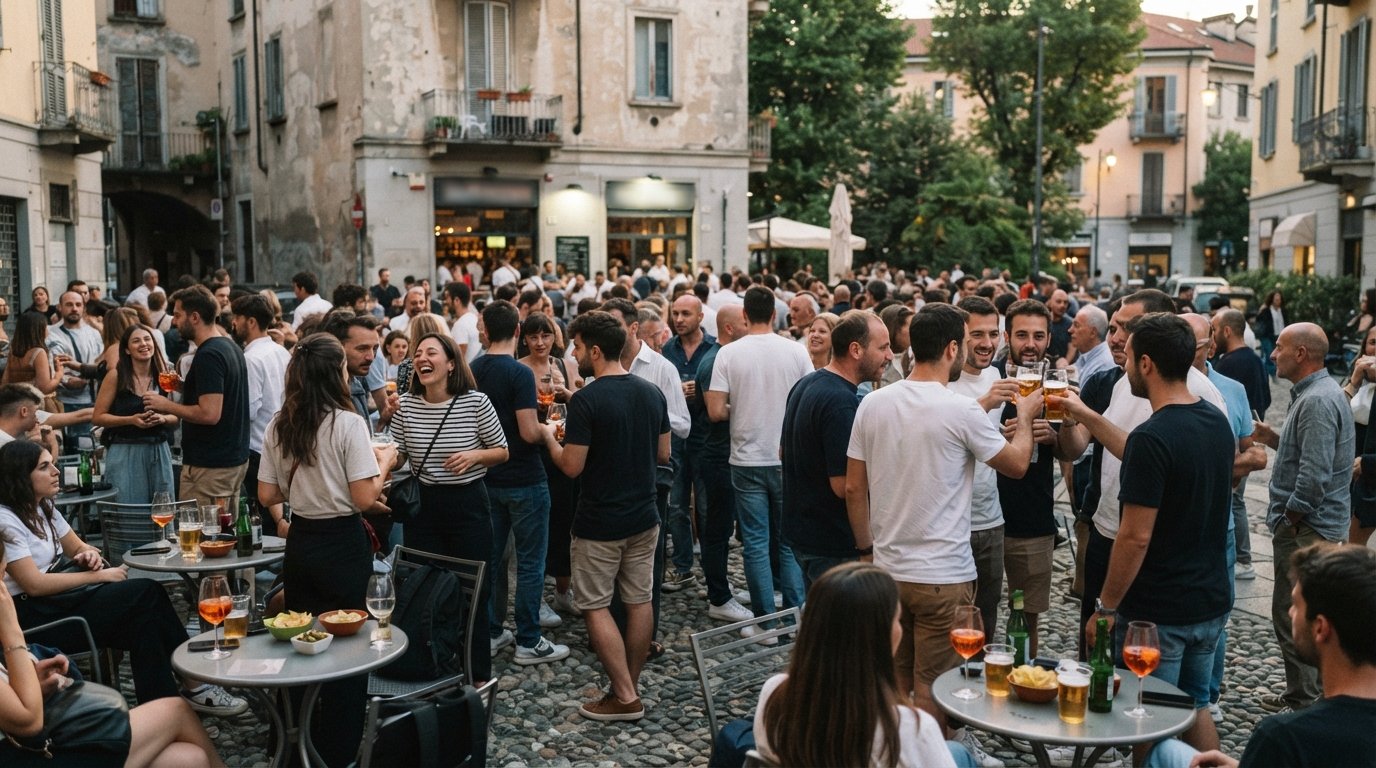 Piazza Morbegno in NoLo at aperitivo hour, pavement tables spilling into the scruffy triangular square with locals standing shoulder to shoulder