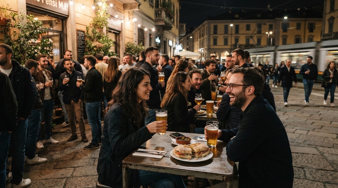 the crowded pavement outside Ghe Pensi M.I. on Piazza Morbegno at night, craft-beer pints and sandwich plates under warm streetlights