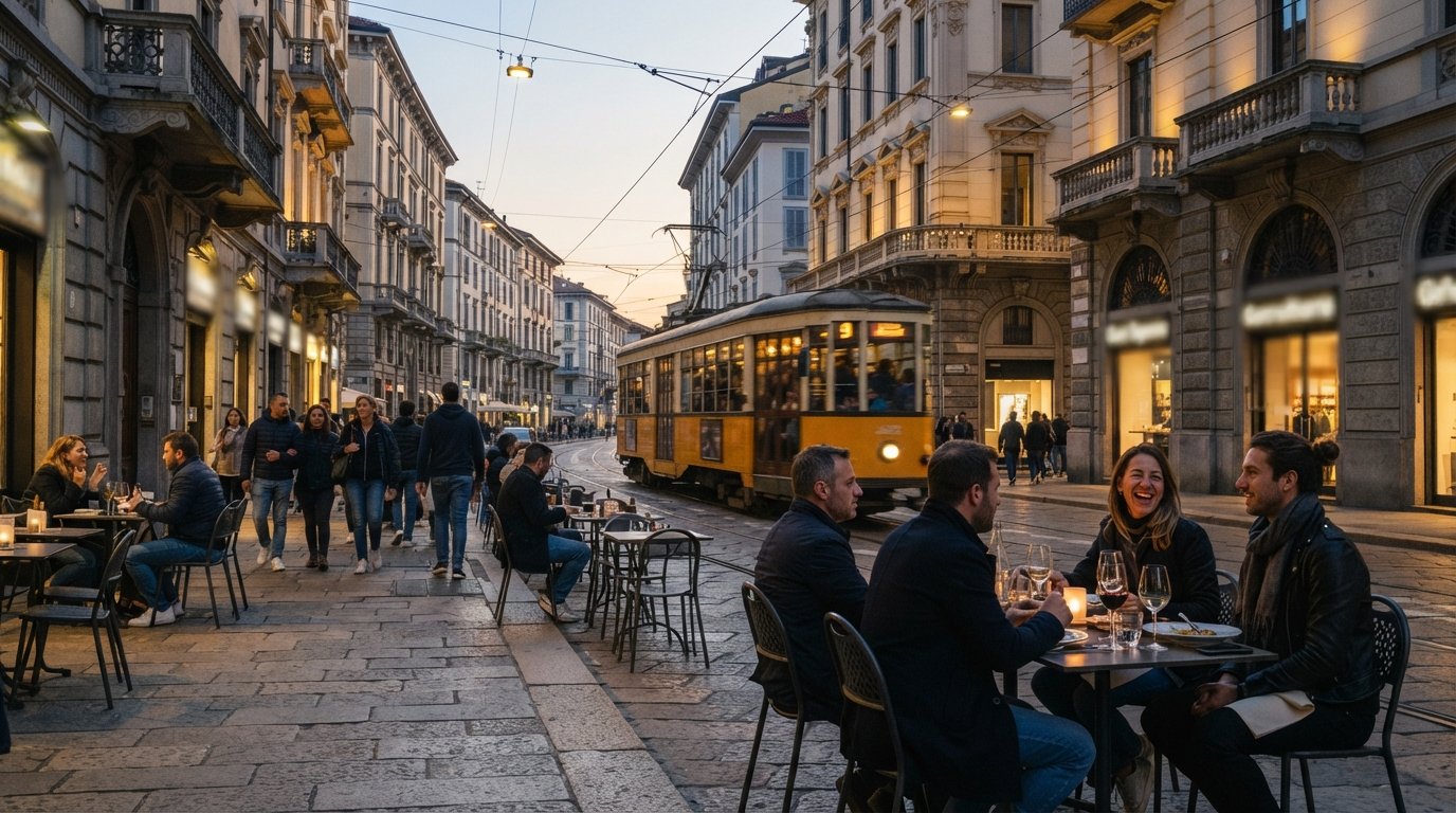 Corso di Porta Romana with tram lines, 19th-century apartment blocks and evening pavement tables under soft Milan light