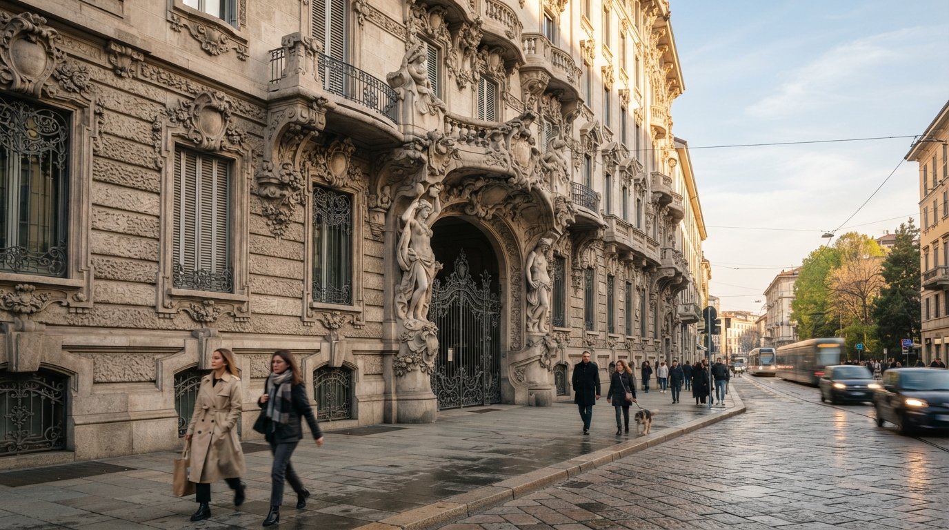 Palazzo Castiglioni on Corso Venezia, its heavy Liberty stonework and sculptural facade seen from pavement level in soft afternoon light