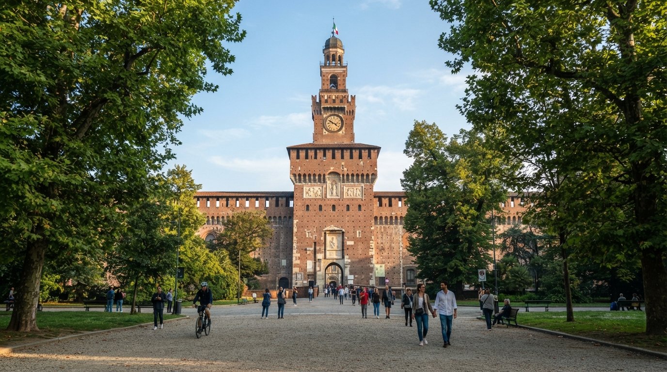 Castello Sforzesco visto dal bordo del parco nella luce morbida del mattino, mura di mattoni rossi e il grande ingresso incorniciato dai platani