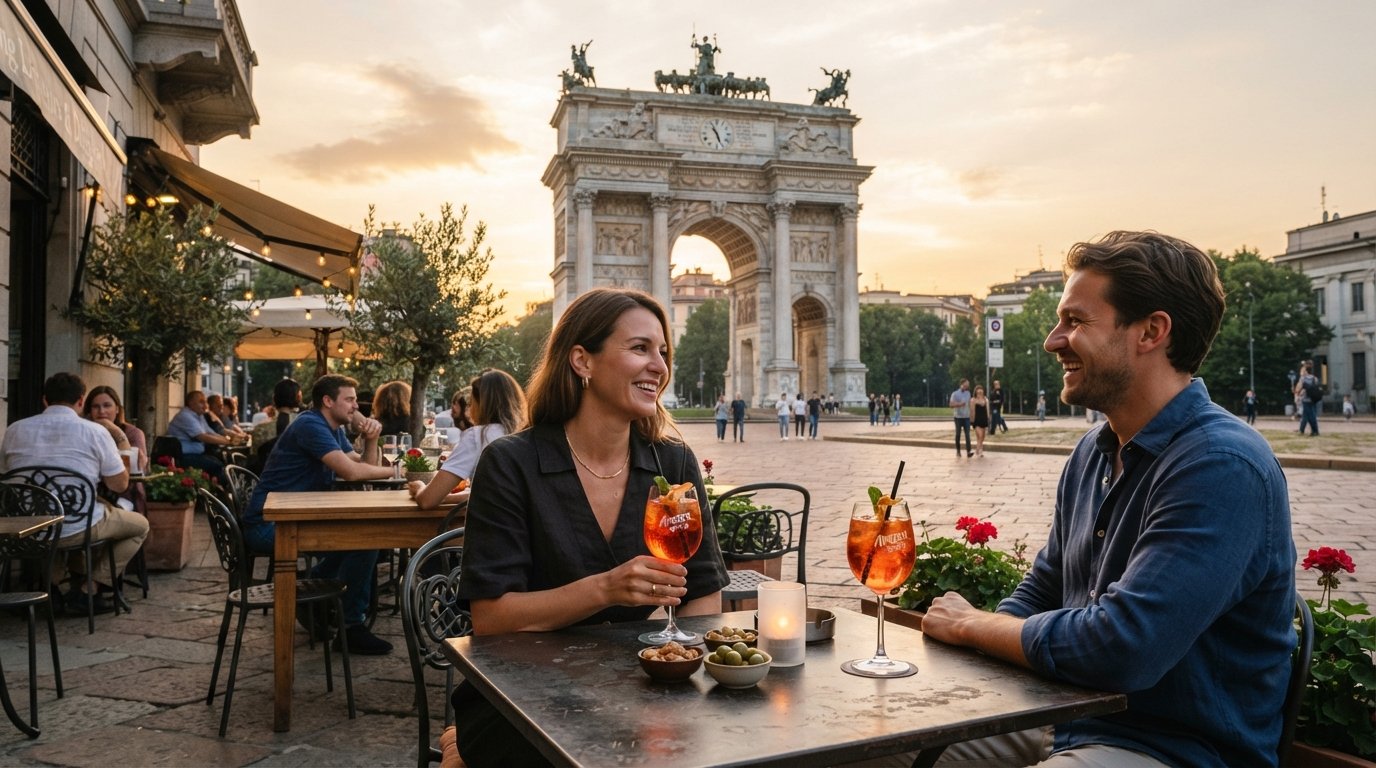 Living Liqueurs & Delights in Piazza Sempione con l’Arco della Pace in piena vista all’ora d’oro, bicchieri da cocktail sui tavoli della terrazza