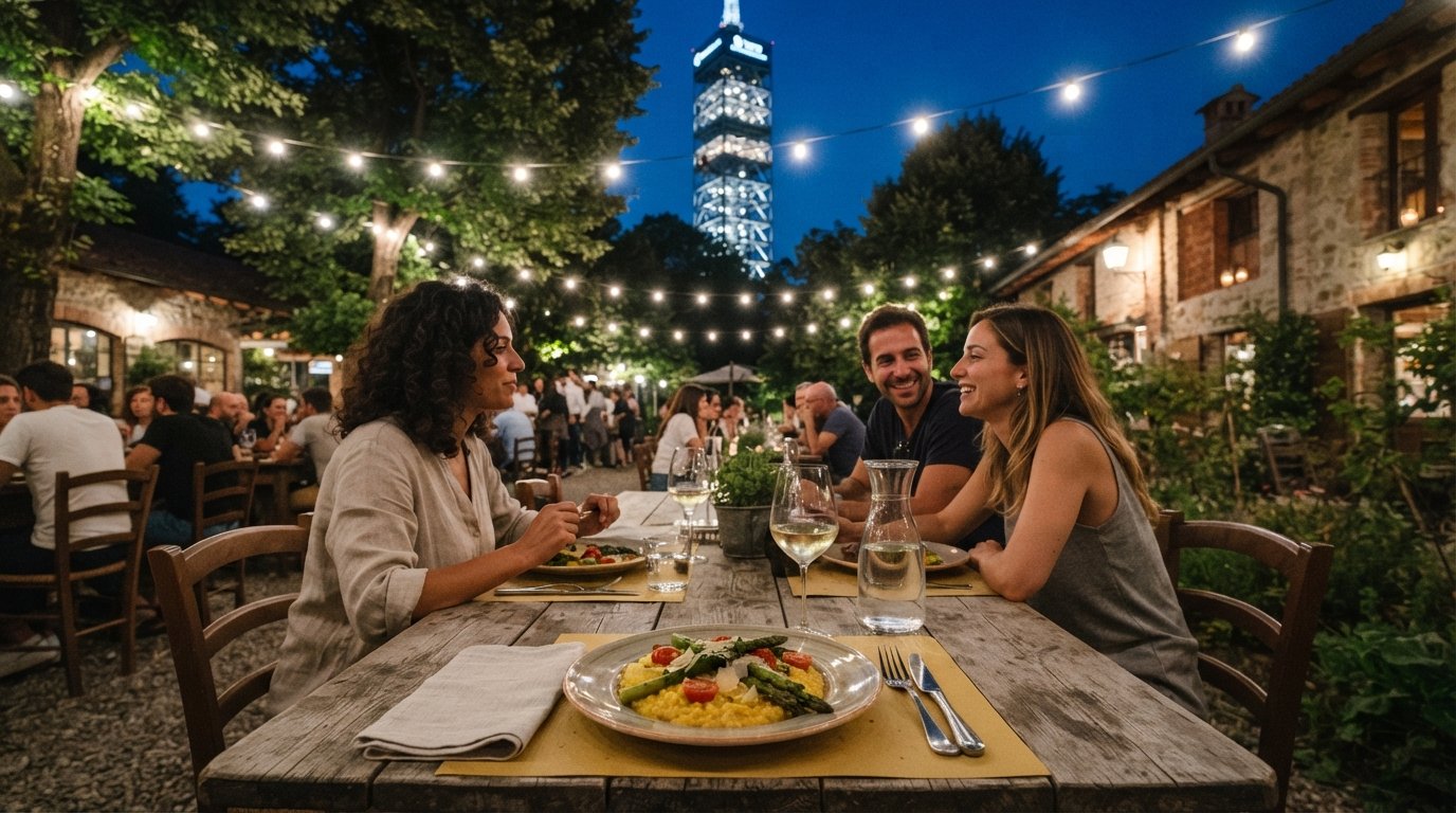 un piatto stagionale a Cascina Nascosta sotto Torre Branca, luci scintillanti su un tavolo rustico nella cascina del parco