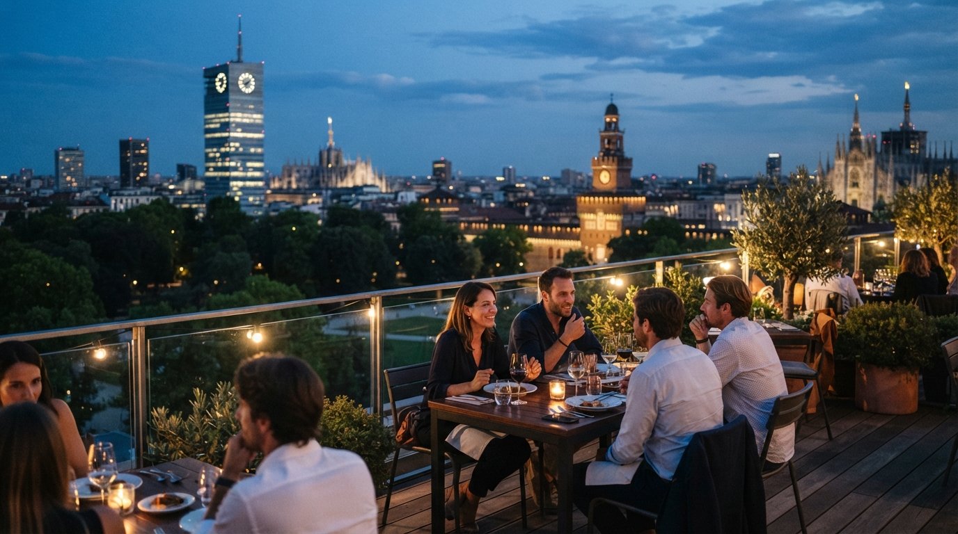 Terrazza Triennale — Osteria con Vista al tramonto, tavoli sul tetto che sovrastano Parco Sempione, Castello Sforzesco e lo skyline di Milano