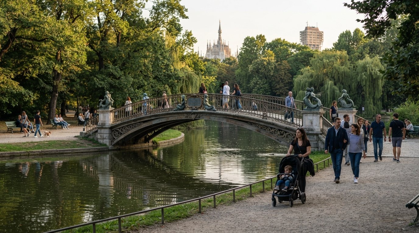 Parco Sempione nel tardo pomeriggio, il laghetto, il Ponte delle Sirenette e i sentieri ghiaiosi ombreggiati con camminatori e passeggini
