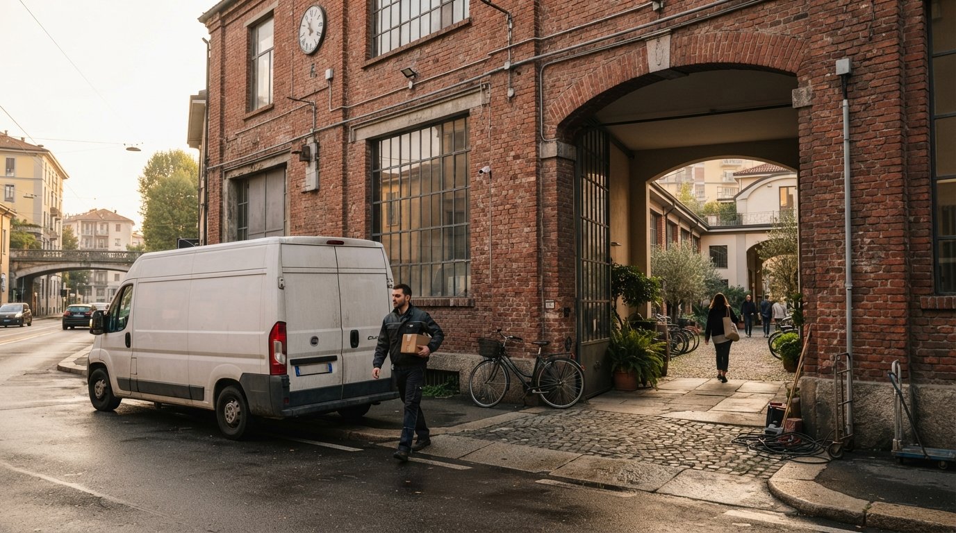 the brick industrial sheds and loading-bay architecture of Via Tortona in late afternoon light, with a quiet courtyard entrance and a delivery van outside