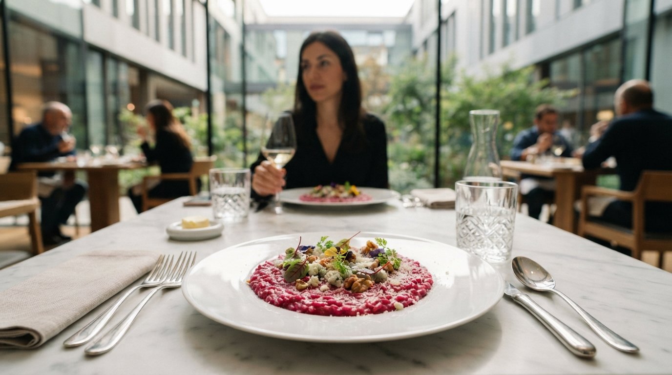 a plated beetroot risotto with gorgonzola at Enrico Bartolini al Mudec, fine-dining presentation on a white plate with the MUDEC interior garden softly visible beyond