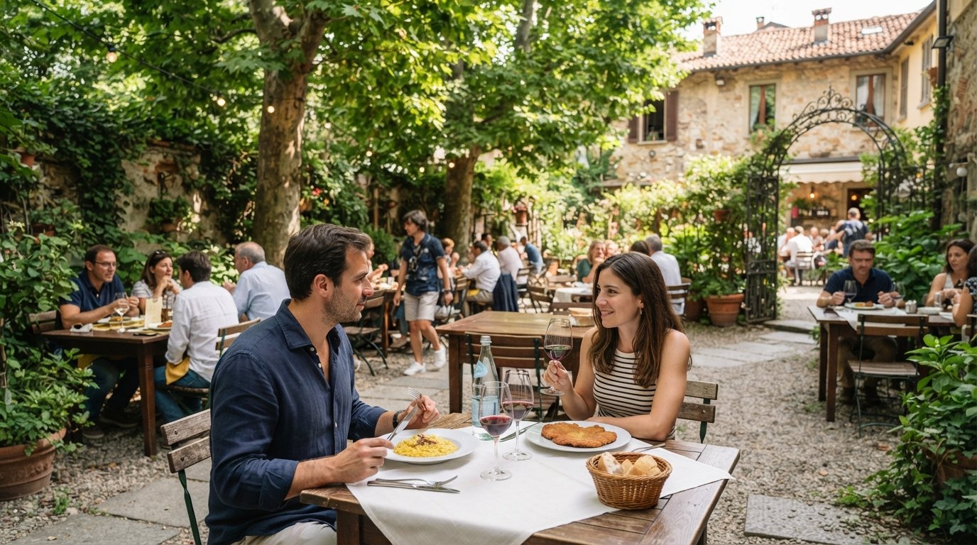 the century-old garden at Osteria del Binari with tables under trees, dappled shade and a traditional Milanese lunch setting