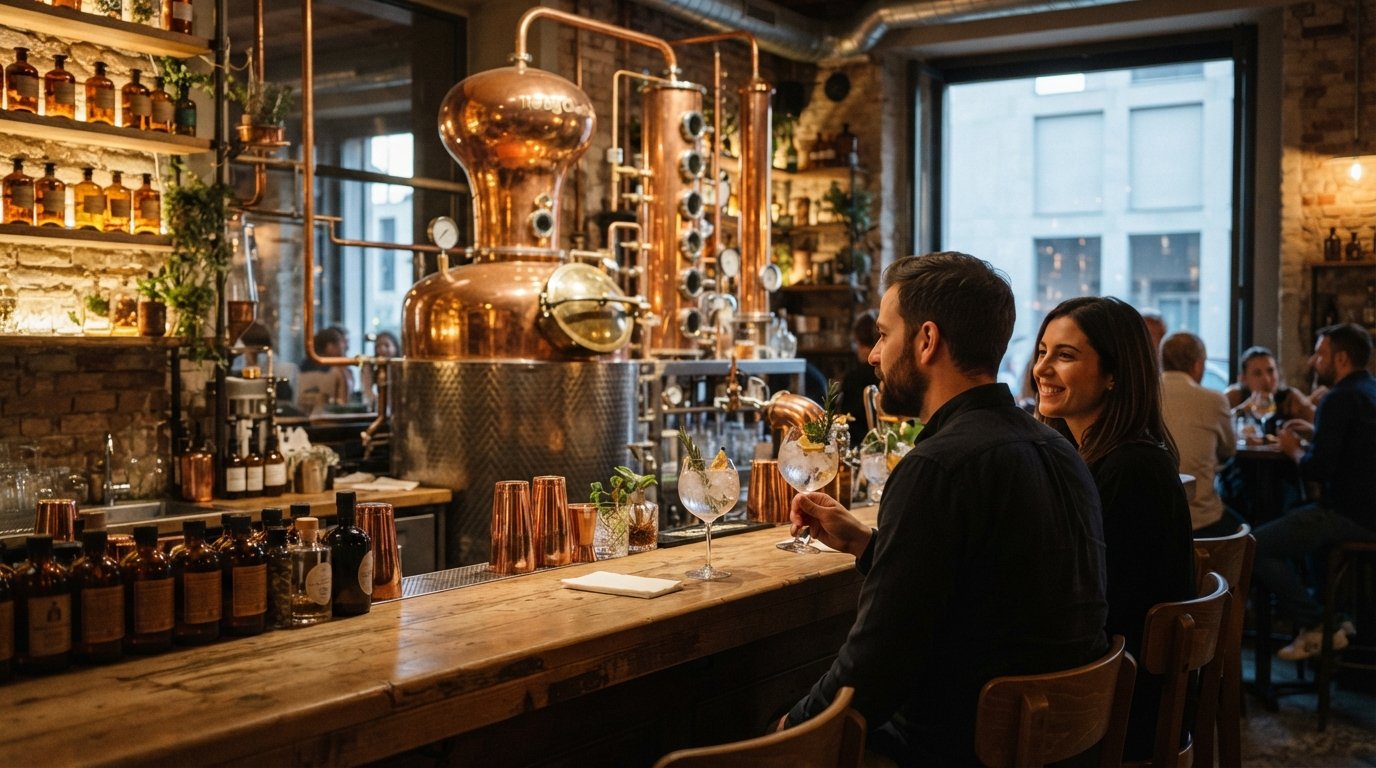the copper still 'The Big Charlie' inside The Botanical Club, with cocktail glasses and warm bar lighting opposite MUDEC