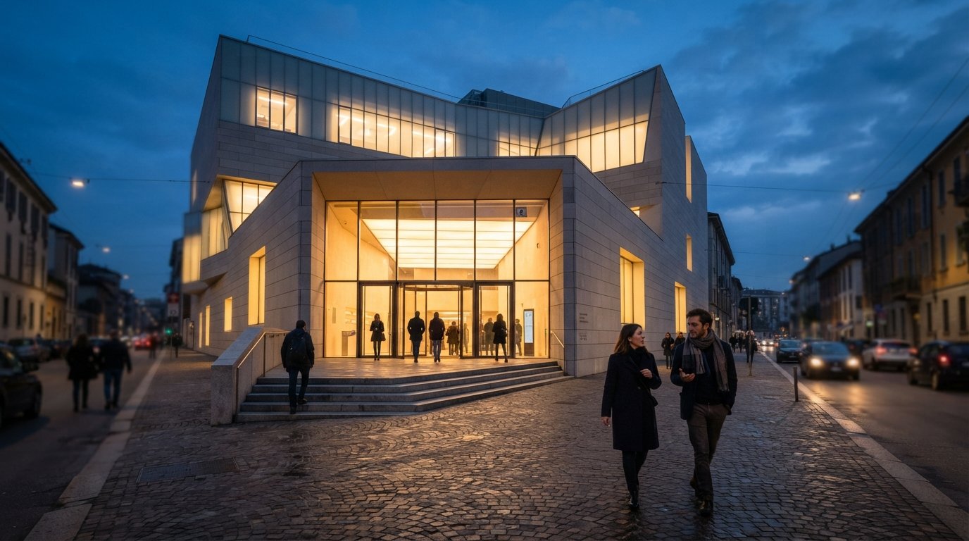 the MUDEC exterior on Via Tortona 56 at dusk, with Chipperfield’s angular facade and the museum entrance glowing softly